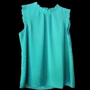 J.Crew Factory Sleeveless Ruffleneck Top Teal Green Clip Dot Blouse Small